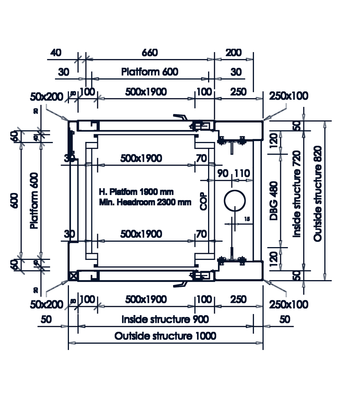 Plan drawing of a compact APL Elite Cabin Lift with a 600 x 600mm platform