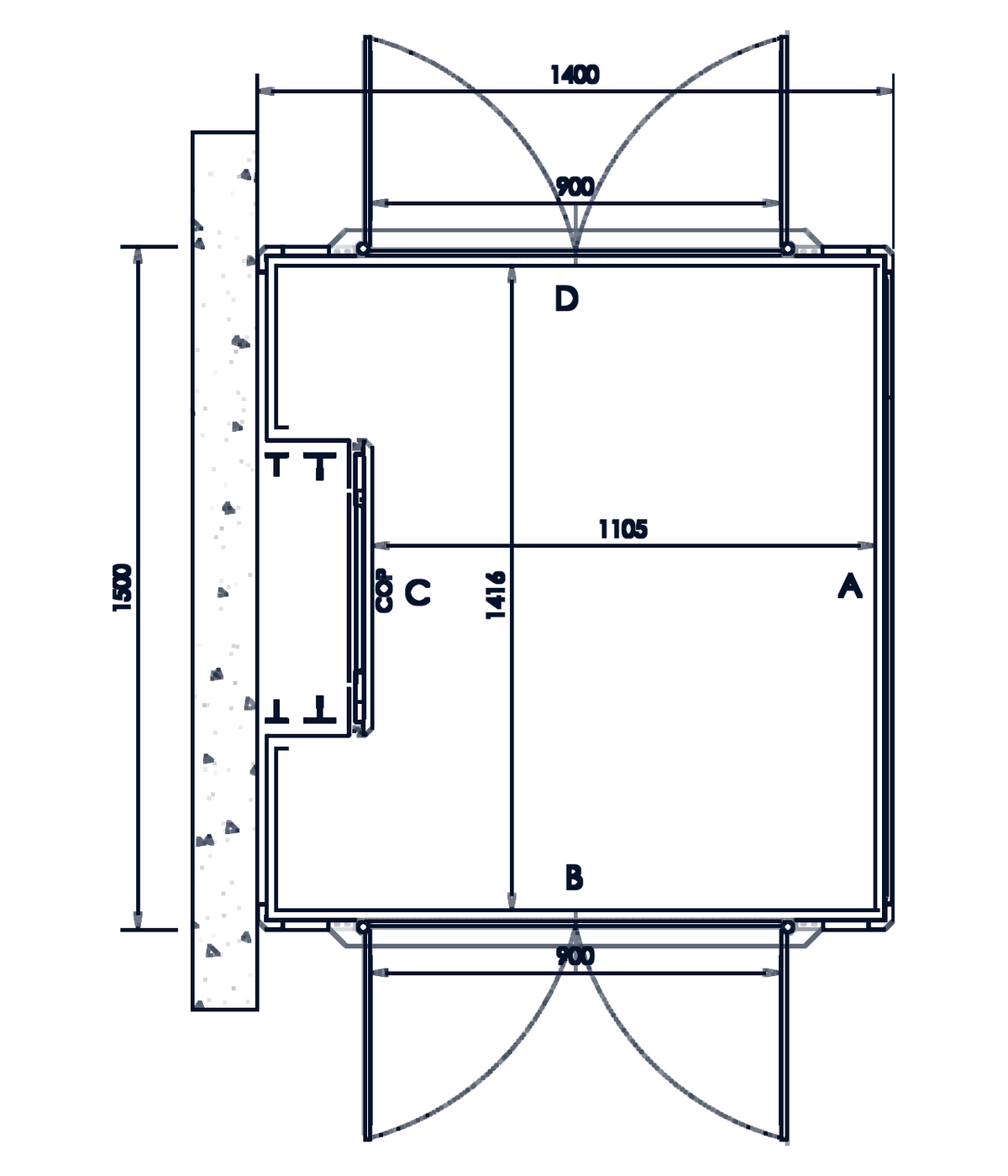 Plan drawing of the APL Home Lift with door and cabin dimensions